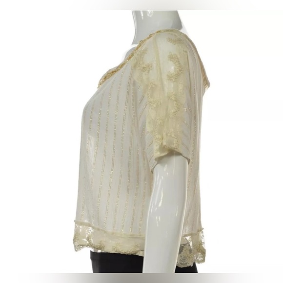 Free People Vintage Ivory Short Sleeve Beaded Wide Neck Blouse (Size S) - Picture 4 of 12